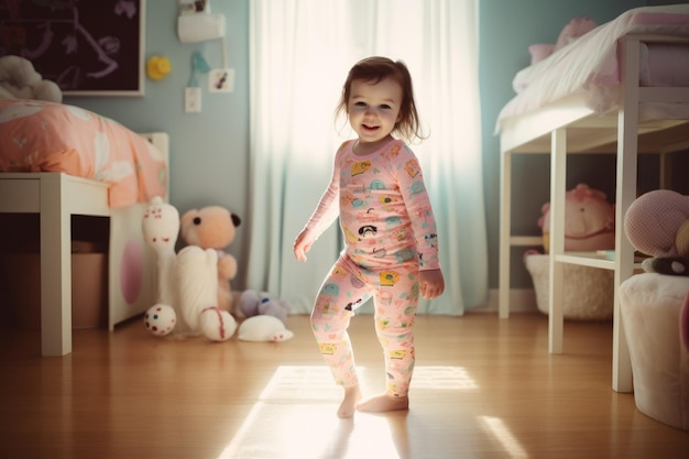 Female Caucasian child playing in playroom fun leggings Generative AI AIG23