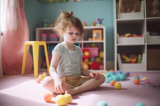 Female Caucasian child playing in playroom fun leggings Generative AI AIG23