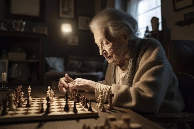 Кавказская пожилая женщина играет в шахматы в гостиной. Генеративный ИИ AIG23