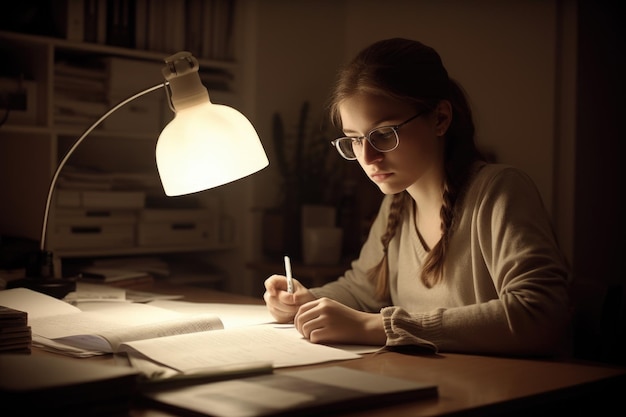 Female Caucasian teenager doing homework in study room studying smart Generative AI AIG23