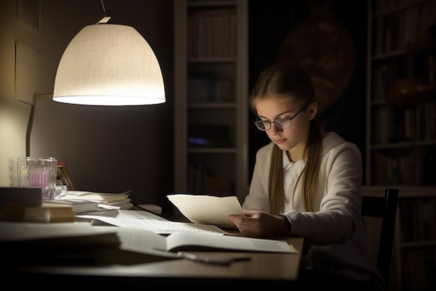 Кавказская девушка-подросток делает домашнее задание в кабинете, изучая умный генеративный ИИ AIG23