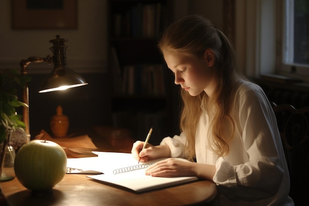 Female Caucasian teenager doing homework in study room studying smart Generative AI AIG23