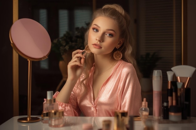 Female Caucasian teenager doing makeup in bedroom glamor Generative AI AIG23