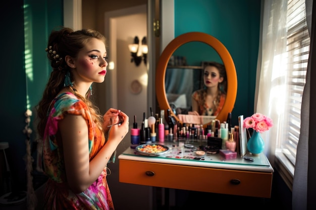 Female Caucasian teenager doing makeup in bedroom glamor Generative AI AIG23