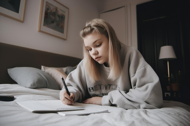 Female Caucasian teenager studying in bedroom study smart Generative AI AIG23