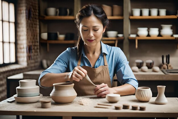 写真 女性の陶芸家がスタジオでカップを作る 女性が陶芸のマスタークラスで粘土で働く