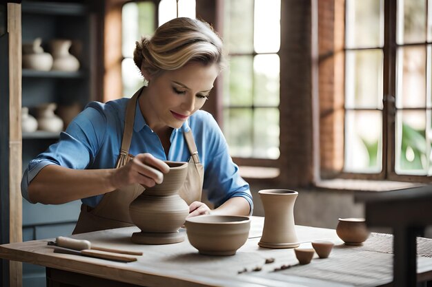 写真 女性の陶芸家がスタジオでカップを作る 女性が陶芸のマスタークラスで粘土で働く