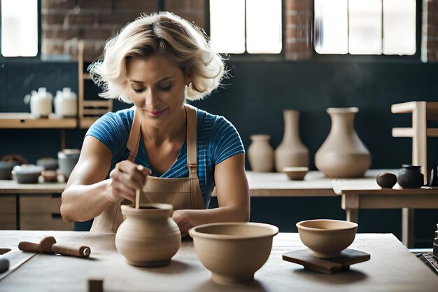 Photo female ceramist making mug in studio woman working with clay during pottery masterclass