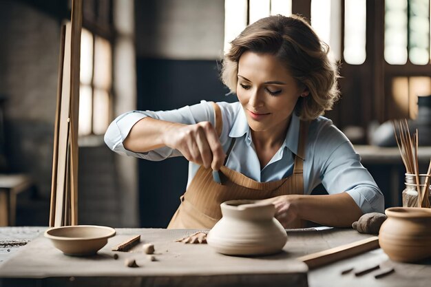 Foto ceramista donna che fa una tazza in studio donna che lavora con l'argilla durante la lezione di ceramica