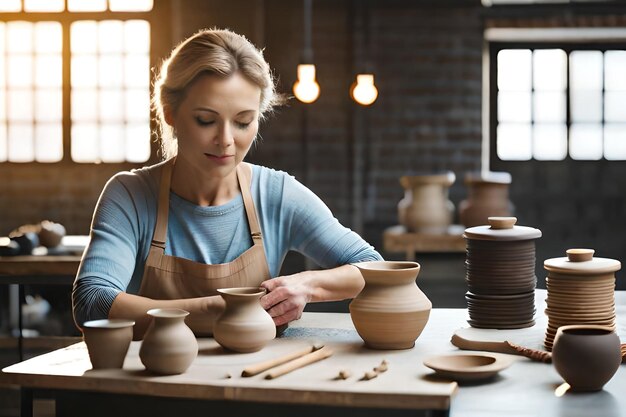 Female ceramist making mug in studio woman working with clay during pottery masterclass