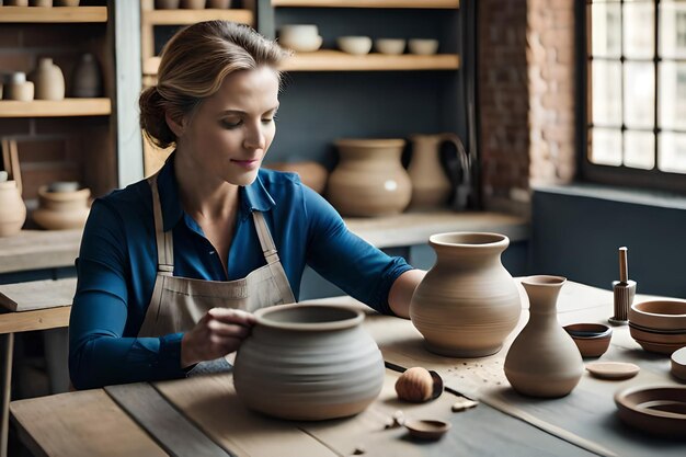 女性の陶芸家がスタジオでカップを作る 女性が陶芸のマスタークラスで粘土で働く