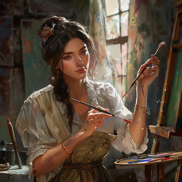 Photo female character holding paintbrush and palette