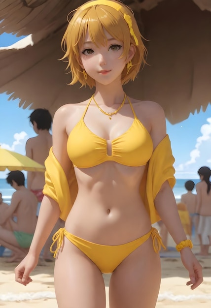 A female character with a yellow bikini and matching accessories on a beach setting with people in t