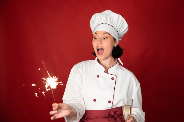 female chef celebrating with glass champagne and burning sparklers