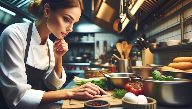부에서 요리하는 여성 요리사는 요리 전문성의 본질을 포착합니다.