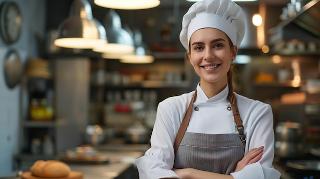 A female chef in her kitchen with her arms crossed