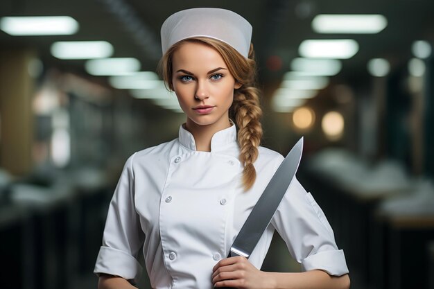 Photo female chef hold culinary knife in the restaurant