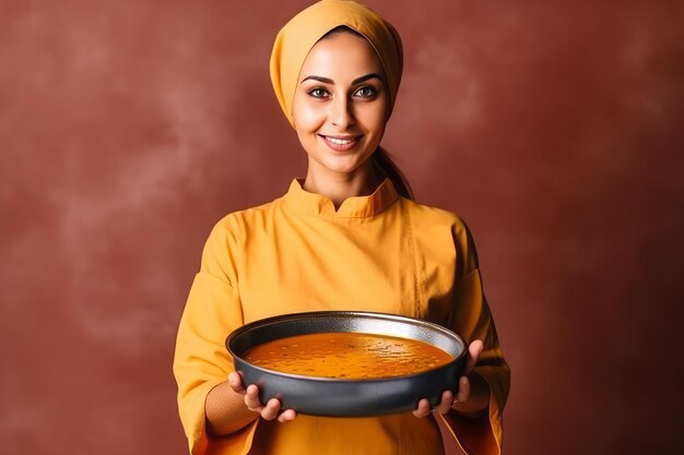 Photo female chef holding curry on dart background