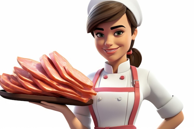 A female chef holding a tray of sliced ham