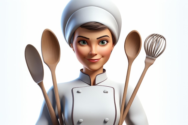 A female chef is holding a whisk and wooden spoons