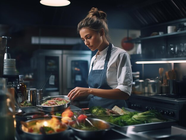Женщина-повар на кухне демонстрирует кулинарные навыки с крупным снимком на руках