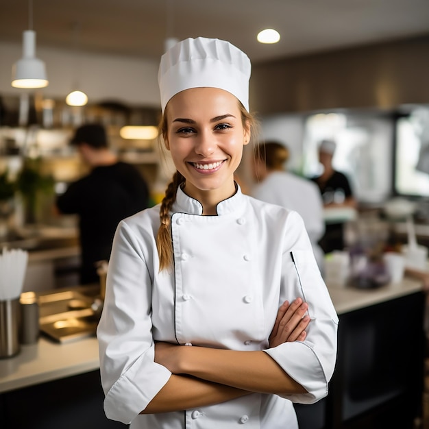a female chef stands in a kitchen with her arms crossed.