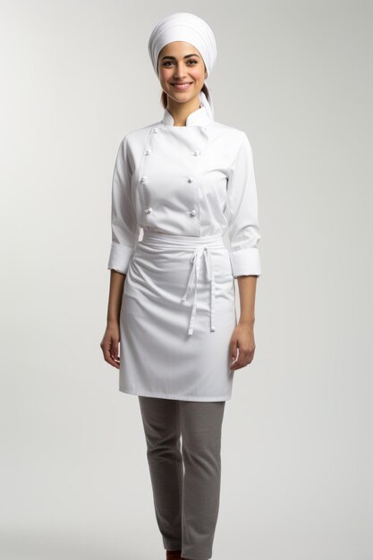 A female chef wearing a white toque and apron