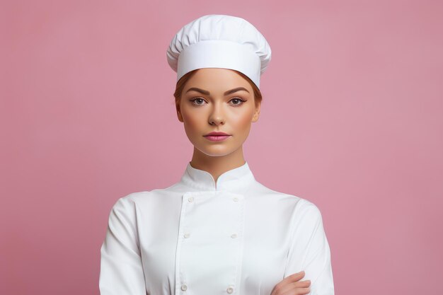 Female chef in white uniform standing