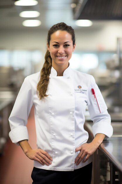 Photo a female chef with a ponytail stands in front of a counter with a sign that says chef