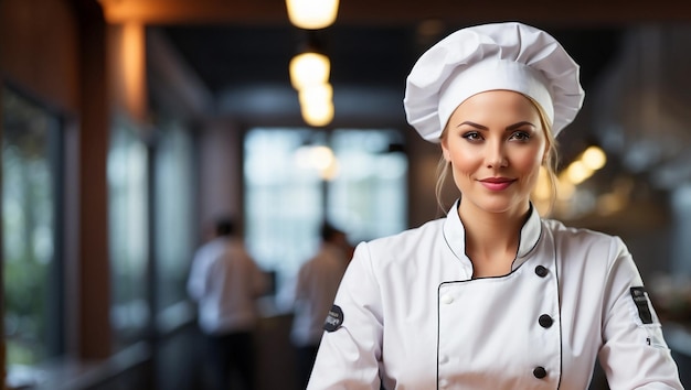 female chef with restaurant kitchen background