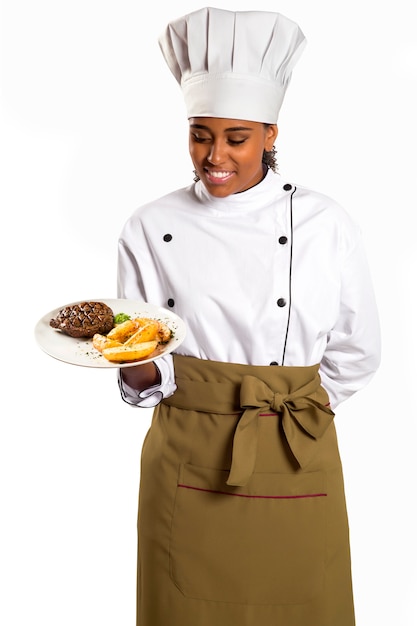 Female Chef With Tray Of Food In Hand. Isolated On White