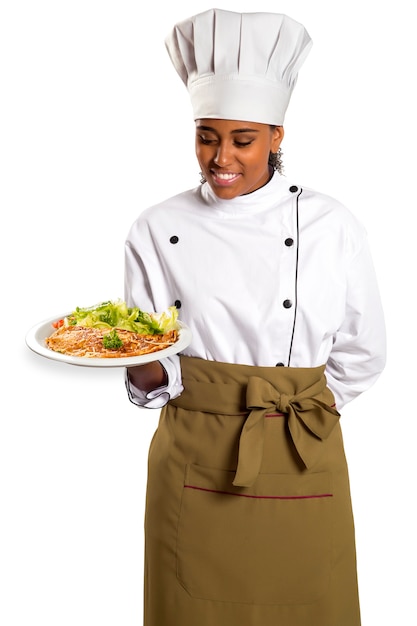 Фото Женский шеф-повар с подносом еды в руке. изолированные на белом