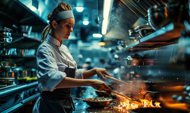 Female chef working in the restaurant kitchen