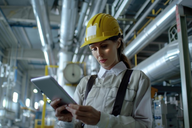 Female chief engineer audits with tablet in modern factory