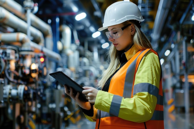 Female chief engineer audits with tablet in modern factory