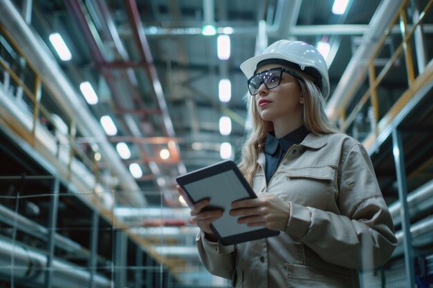 Female chief engineer audits with tablet in modern factory