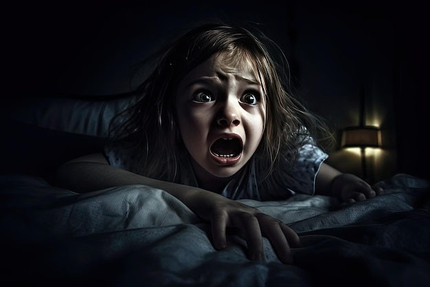 Female child girl suffering scared at night horror nightmare concept Generative AI