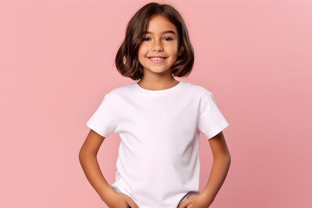 Female child girl wearing bella canvas white shirt mockup at pink background Design tshirt template print presentation mockup AI generated