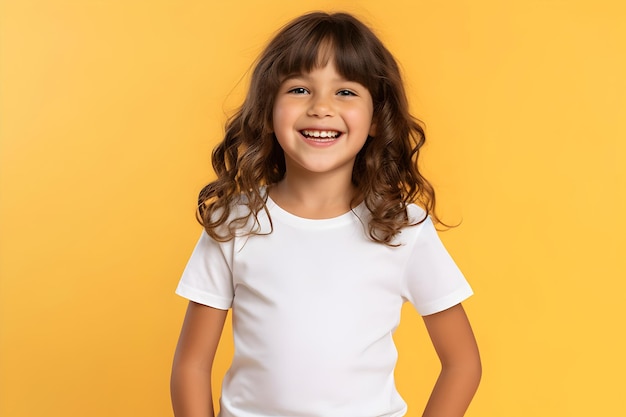 노란색 배경에서 벨라 캔버스 흰색 셔츠 모형을 입은 여자 아이 소녀 디자인 티셔츠 템플릿 인쇄 프레젠테이션 모형 AI 생성