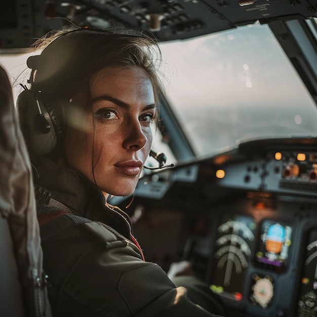 Фото Женщина-пилот гражданской авиации сидит в кабине пилота самолета