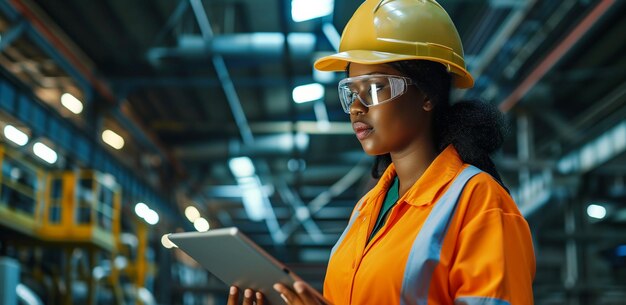 A female civil engineer black afro american woman in a hard hat dressed in a uniform with a tablet