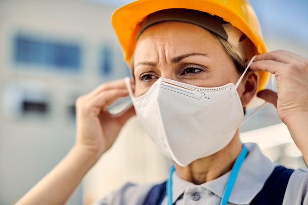 Female civil engineer putting on protective face mask during coronavirus epidemic