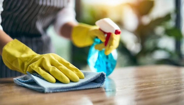 female cleaners hands in gloves symbolizing diligence and dedication in household cleaning tasks