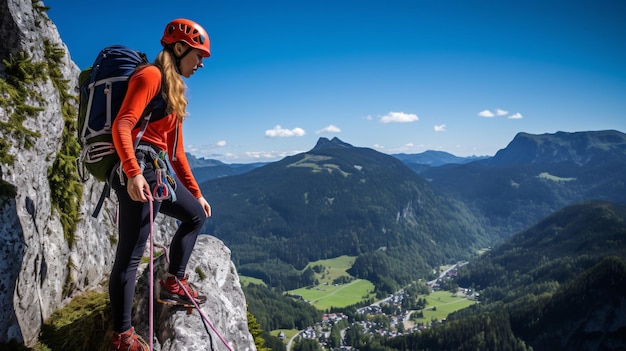 Женская альпинистка на via ferrata, поднимающаяся на скалу