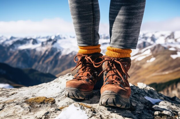 Female climbers feet in leather boots and wool socks on mountain