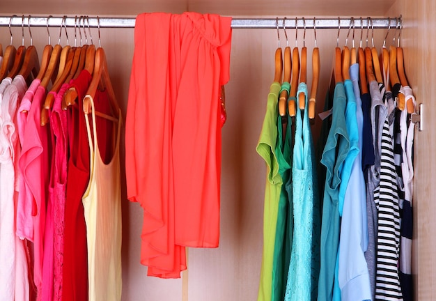 Female clothes on hangers in wardrobe