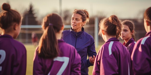 a female coach giving instructions to her team during a football match