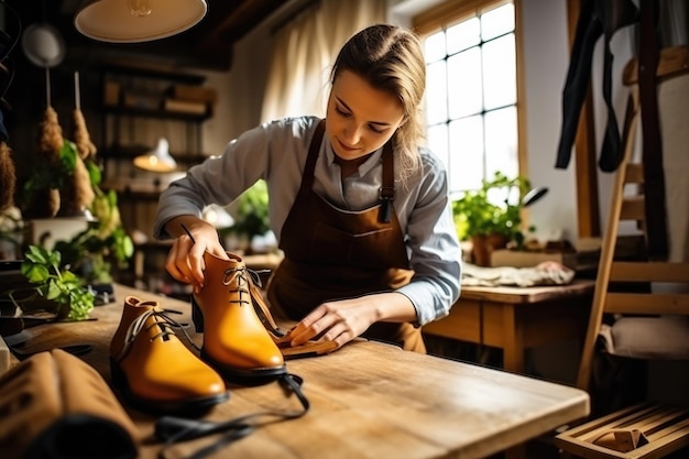 写真 ワークショップで革 ⁇ 維を加工する女性靴屋 靴屋