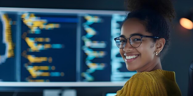 female coder happily working on her computer in a femtech office concept femtech women in tech coding in the office female coder technology workspace