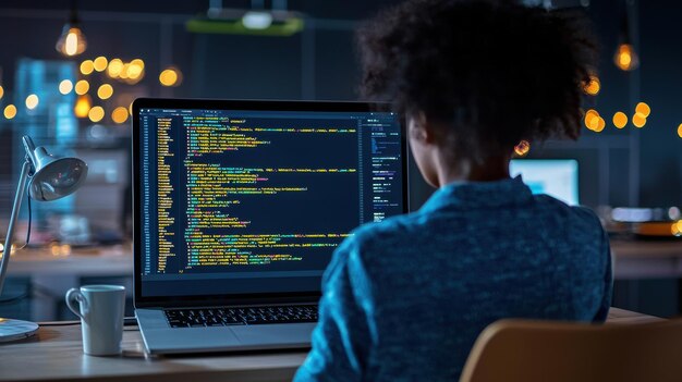 female coder seated at minimalist desk with laptop coding screen muted backdrop professional setting calm focus on tech simplicity clean and organized workspace single tech element